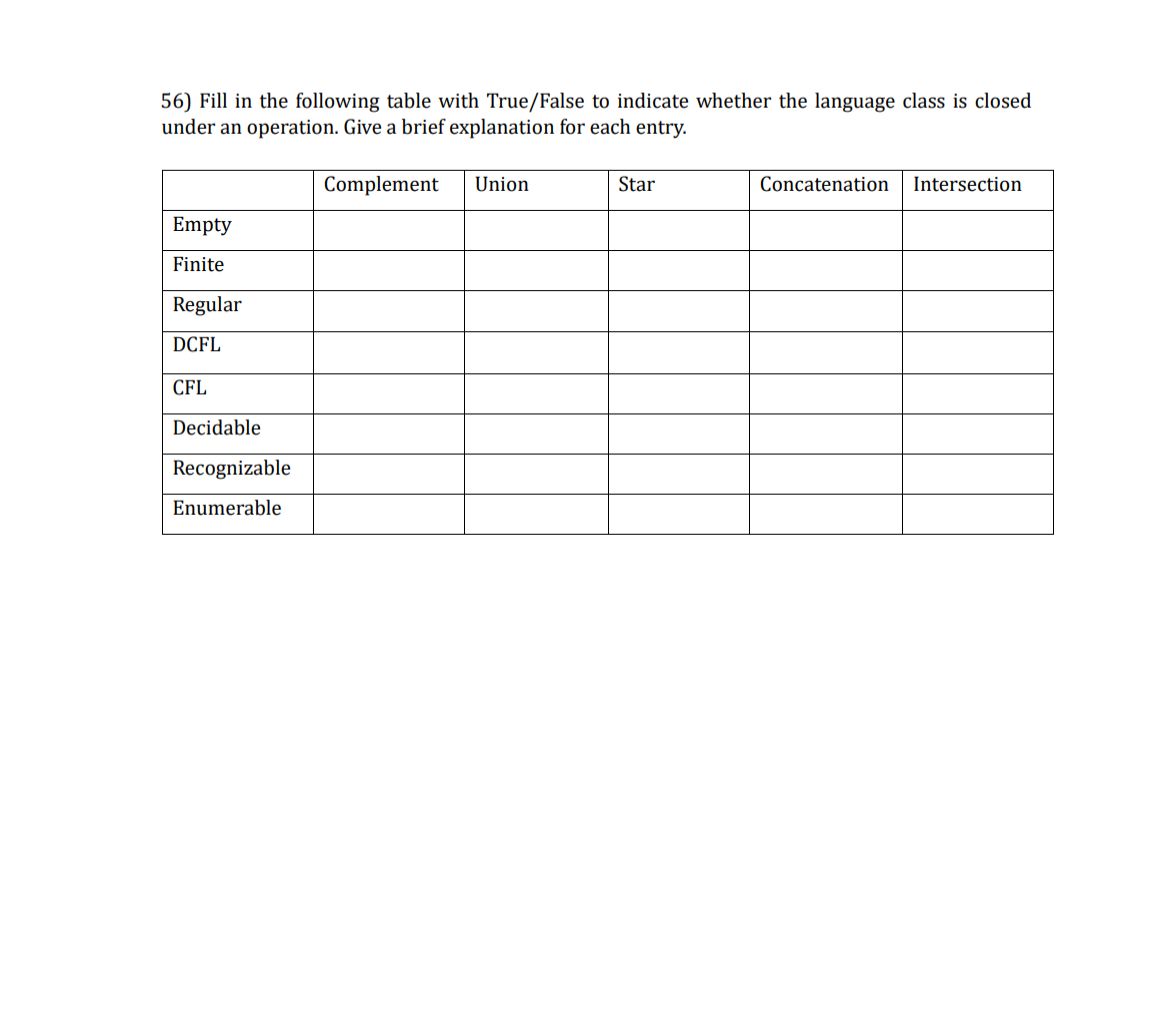Solved 56) Fill in the following table with True/False to | Chegg.com