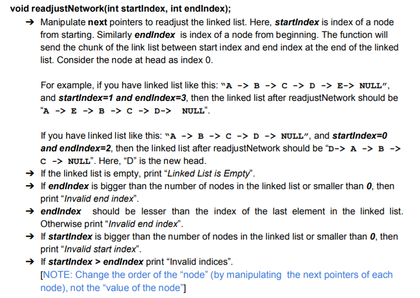 void readjustNetwork(int startIndex, int endindex); → Manipulate next pointers to readjust the linked list. Here, startIndex