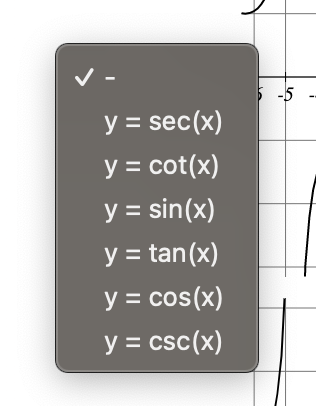 \( \begin{array}{l}y=\sec (x) \\ y=\cot (x) \\ y=\sin (x) \\ y=\tan (x) \\ y=\cos (x) \\ y=\csc (x)\end{array} \)