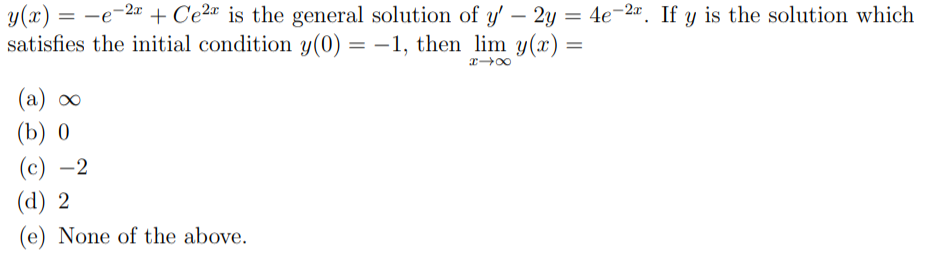 Solved 200 y(x) = -e-2x + Ce2x is the general solution of y' | Chegg.com