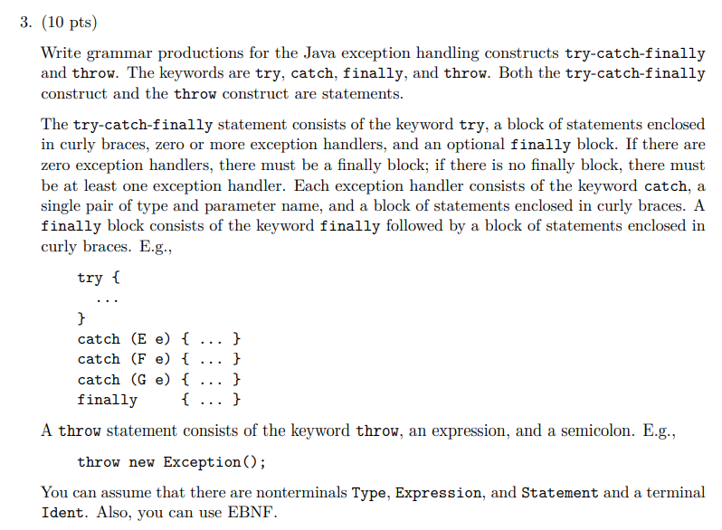 Solved 3. (10 pts) Write grammar productions for the Java | Chegg.com