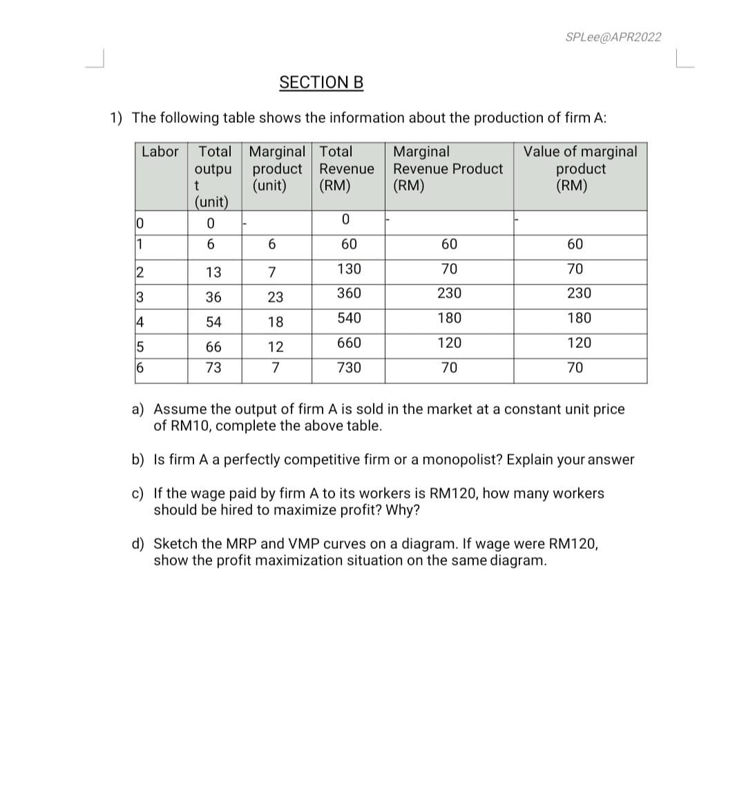 Solved SECTION B 1) The following table shows the | Chegg.com