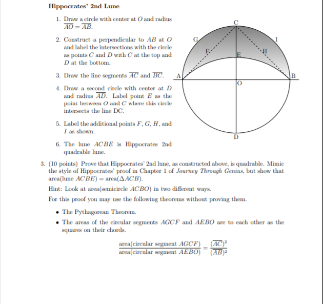 Hippocrates' 2nd Lune 1. Draw a circle with center at | Chegg.com