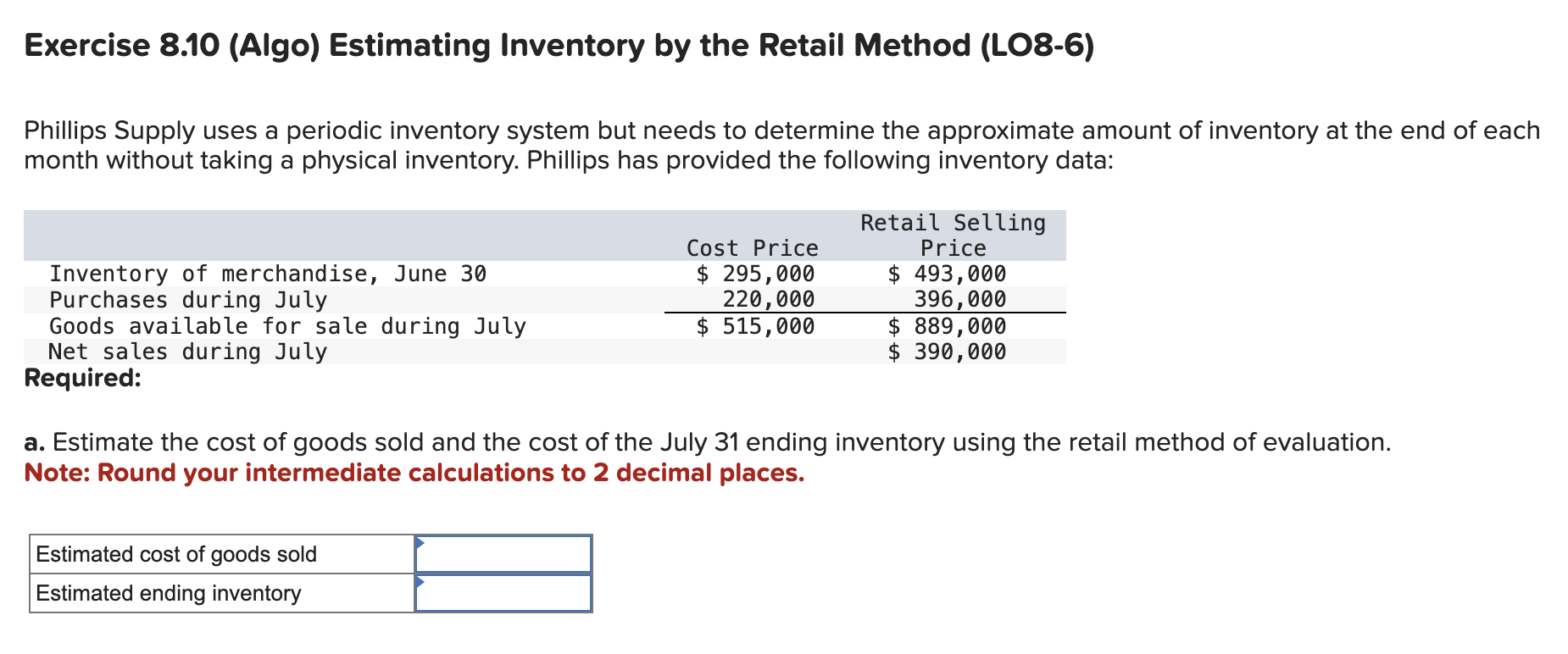 Solved Exercise 8.10 (Algo) Estimating Inventory by the | Chegg.com