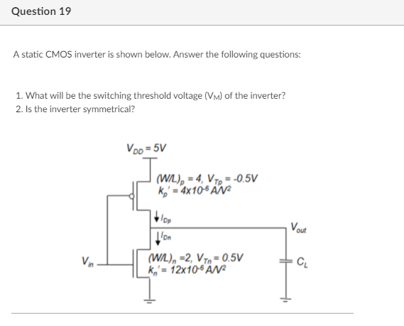 Solved Question 19 A static CMOS inverter is shown below. | Chegg.com