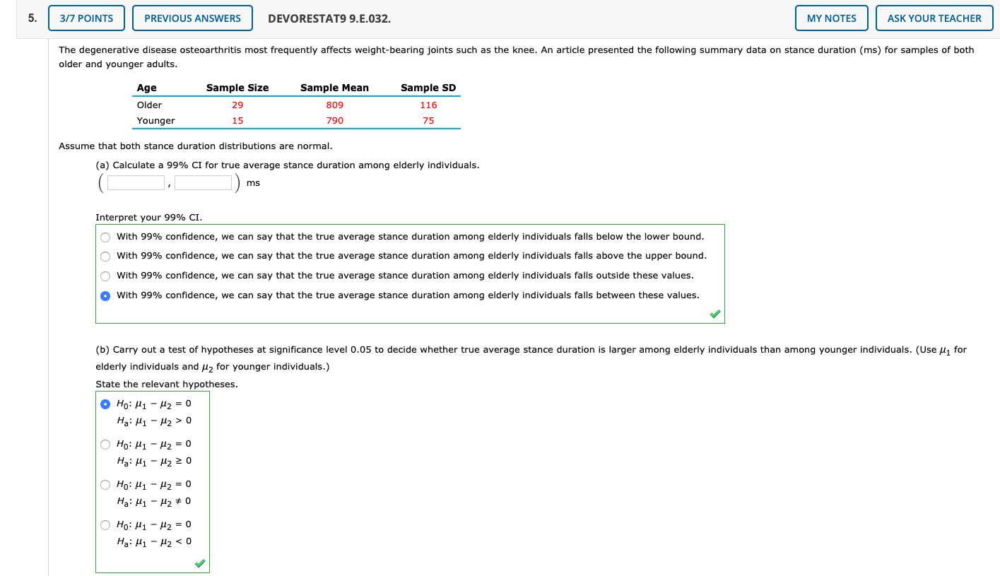 Solved 3/7 POINTS PREVIOUS ANSWERS DEVORESTAT9 9.E.032. MY | Chegg.com