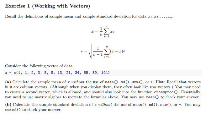 Solved Exercise 1 Working with Vectors Recall the Chegg