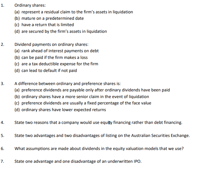 Solved 1. Ordinary Shares: (a) Represent A Residual Claim To | Chegg.com