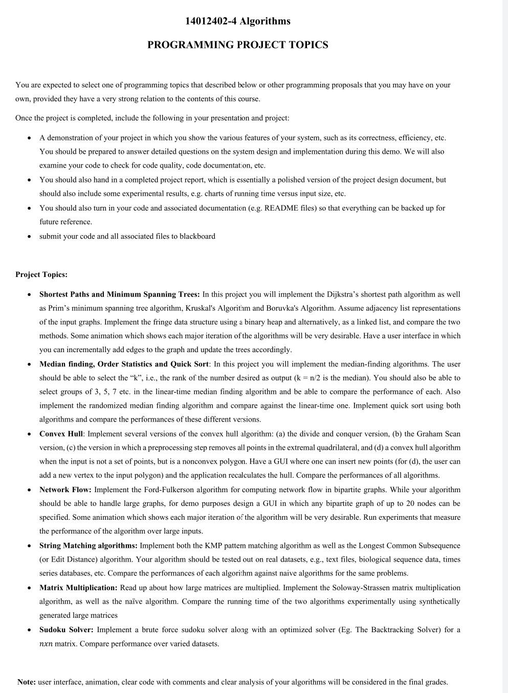 Solved 14012402-4 Algorithms PROGRAMMING PROJECT TOPICS You 