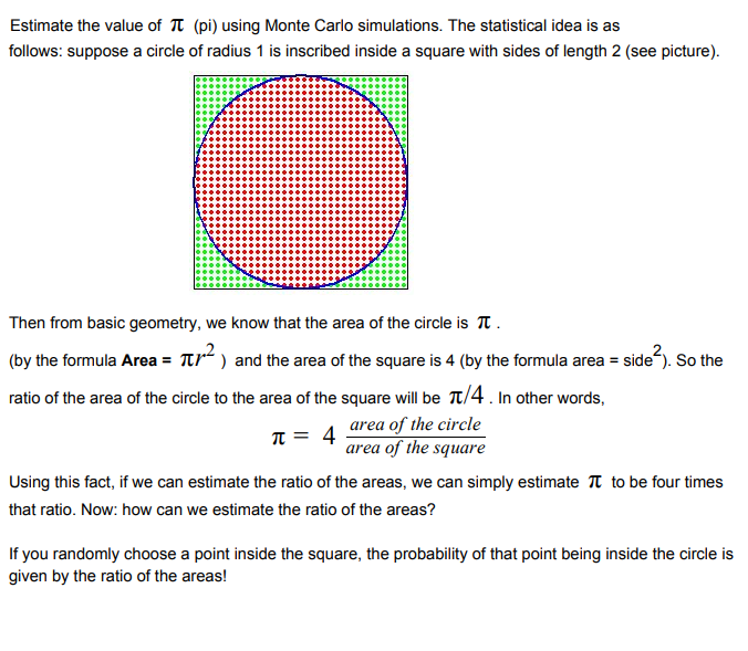 Solved Estimate the value of 7 (pi) using Monte Carlo | Chegg.com