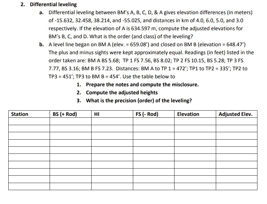 Solved 2. Differential leveling Differential leveling | Chegg.com