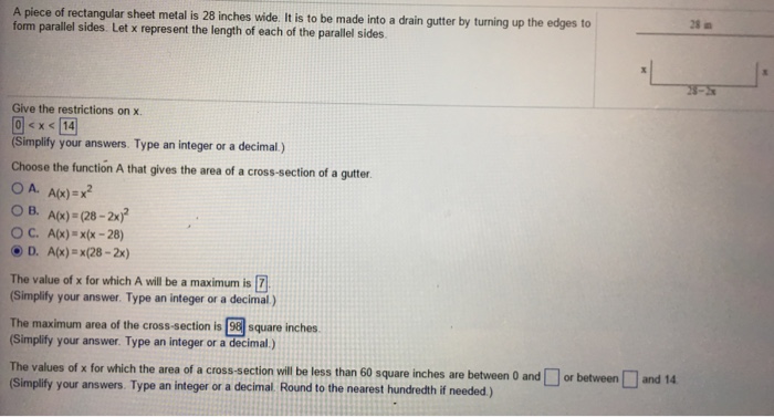 Solved A piece of rectangular sheet metal is 28 inches wide. | Chegg.com