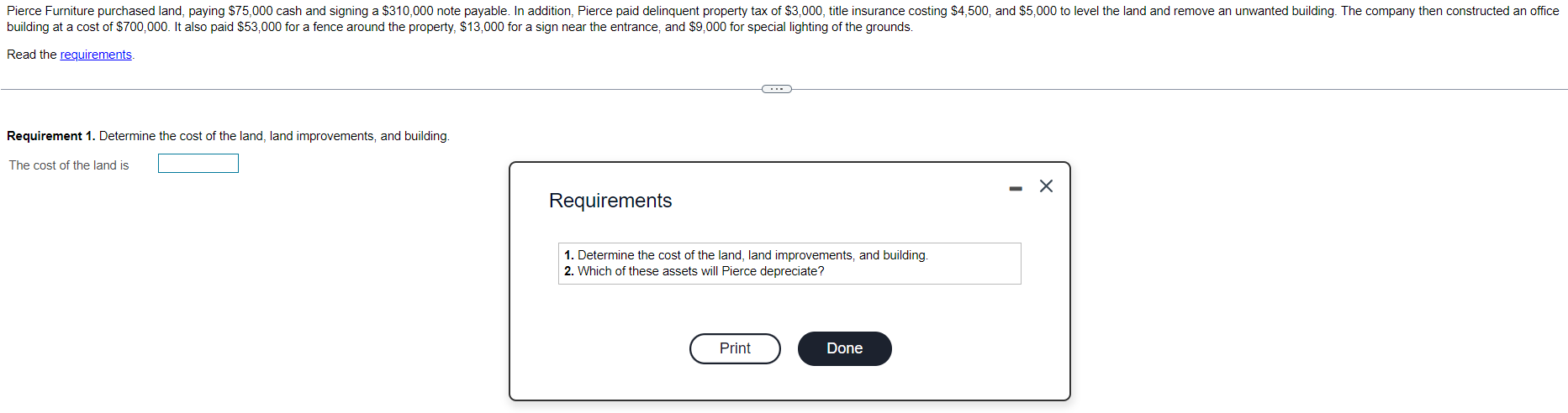 Solved Pierce Furniture purchased land, paying $75,000 cash | Chegg.com