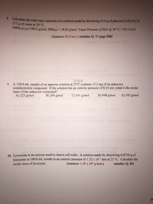 Solved 8. Calculat E The Total Vapor Pressure Of A Solution | Chegg.com