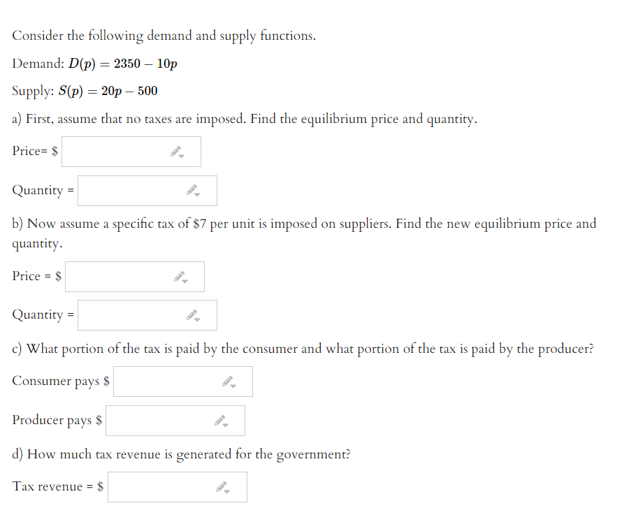 Solved Consider the following demand and supply functions. | Chegg.com