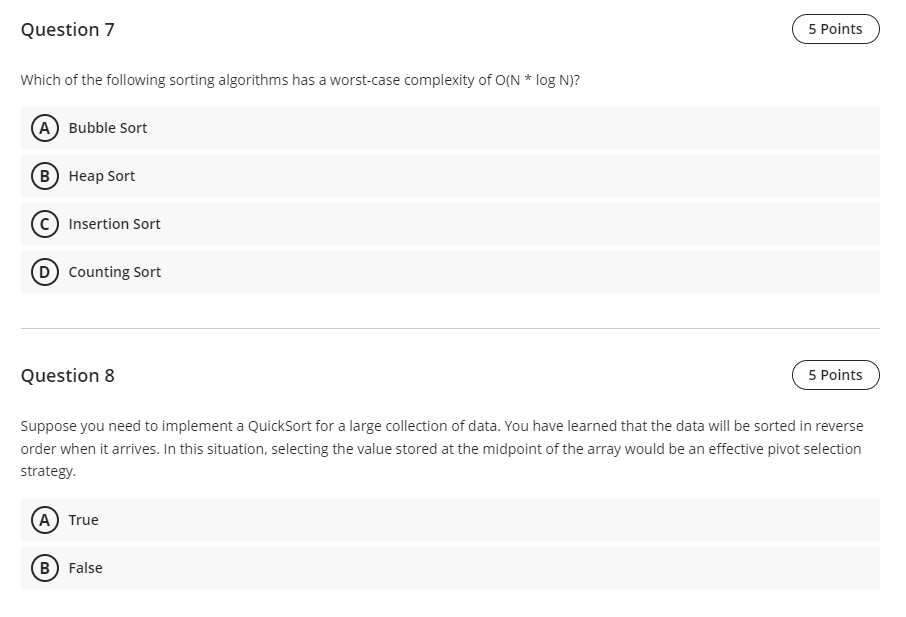 Solved Question 7 5 Points Which of the following sorting | Chegg.com