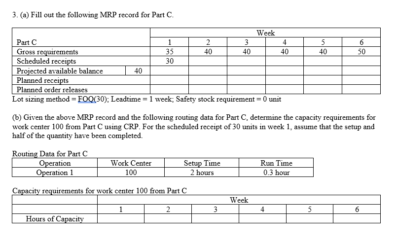 Solved 3. (a) Fill out the following MRP record for Part C. | Chegg.com