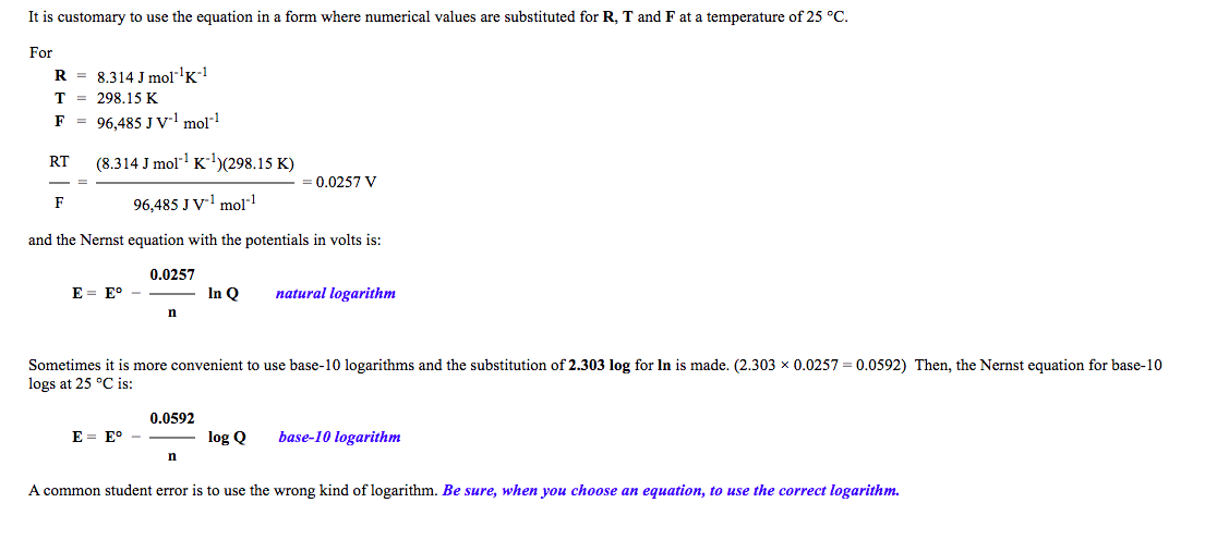 Solved The Nernst Equation A Non Standard Cell Or Half Ce Chegg Com