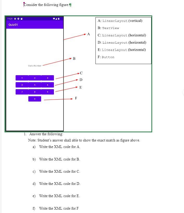 Consider the following figure:?
A: LinearLayout (vertical)
B: TextView
C: LinearLayout (horizontal)
D: LinearLayout (horizont