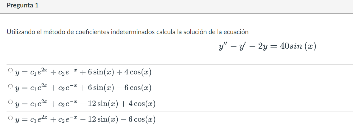 Utilizando el método de coeficientes indeterminados calcula la solución de la ecuación \[ y^{\prime \prime}-y^{\prime}-2 y=40