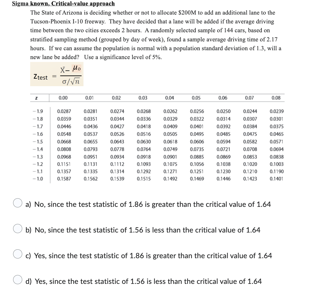 Solved ma known critical value approach the state of arizona chegg