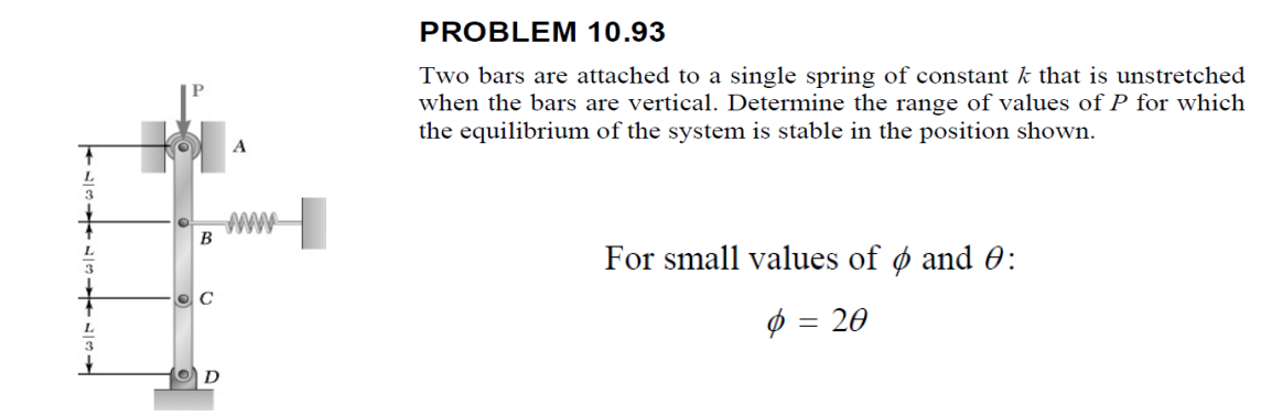 PROBLEM 10.93 two bars are attached to a single spring of constant k that is unstretched when the bars are vertical. determin