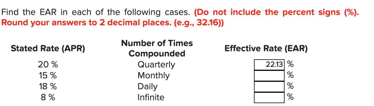 Solved Find the EAR in each of the following cases. (Do not | Chegg.com