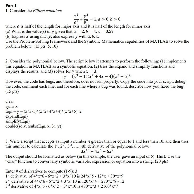 Solved = Part I 1. Consider the Ellipse equation: x2 y2 az + | Chegg.com