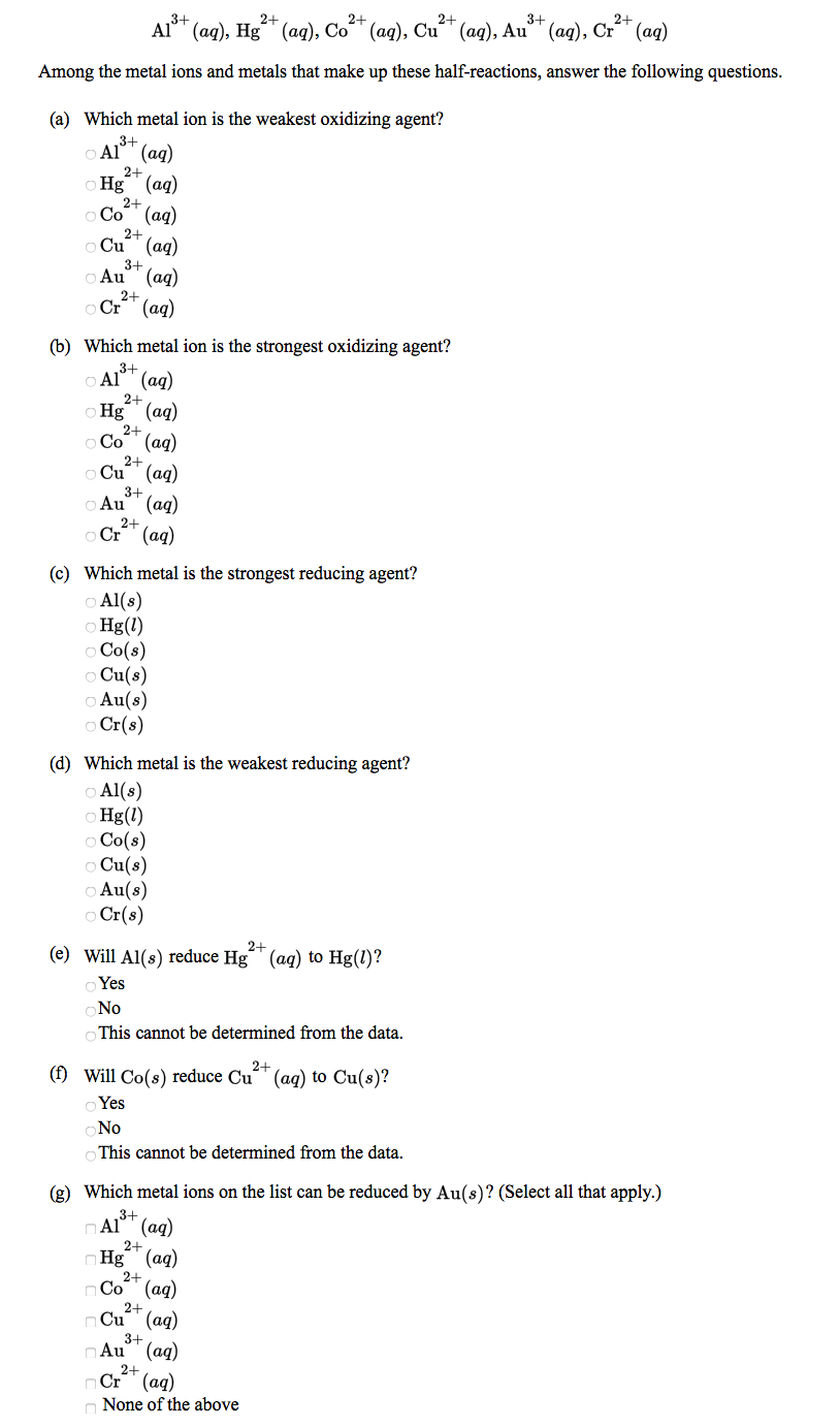 Solved A13+ (aq), Hg²+ (aq), Co2+ (aq), Cu²+ (aq), Au?+ | Chegg.com