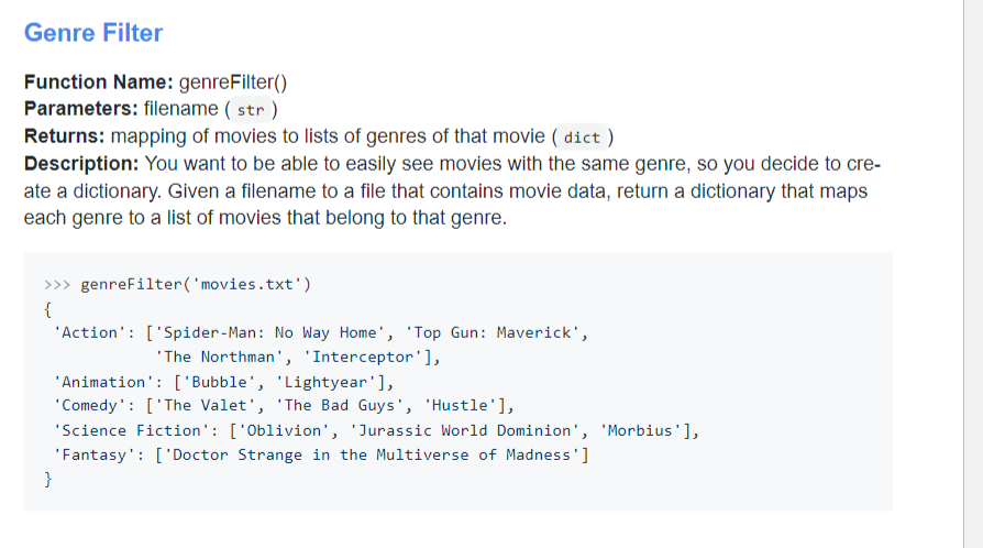 Solved Genre Filter Function Name: genreFilter() Parameters: | Chegg.com