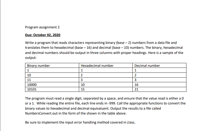 Solved Program assignment 2 Due: October 02, 2020 Write a | Chegg.com