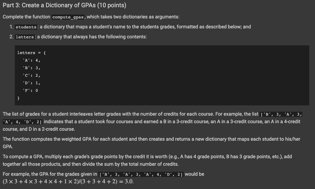 Solved Part 3: Create a Dictionary of GPAS (10 points) | Chegg.com