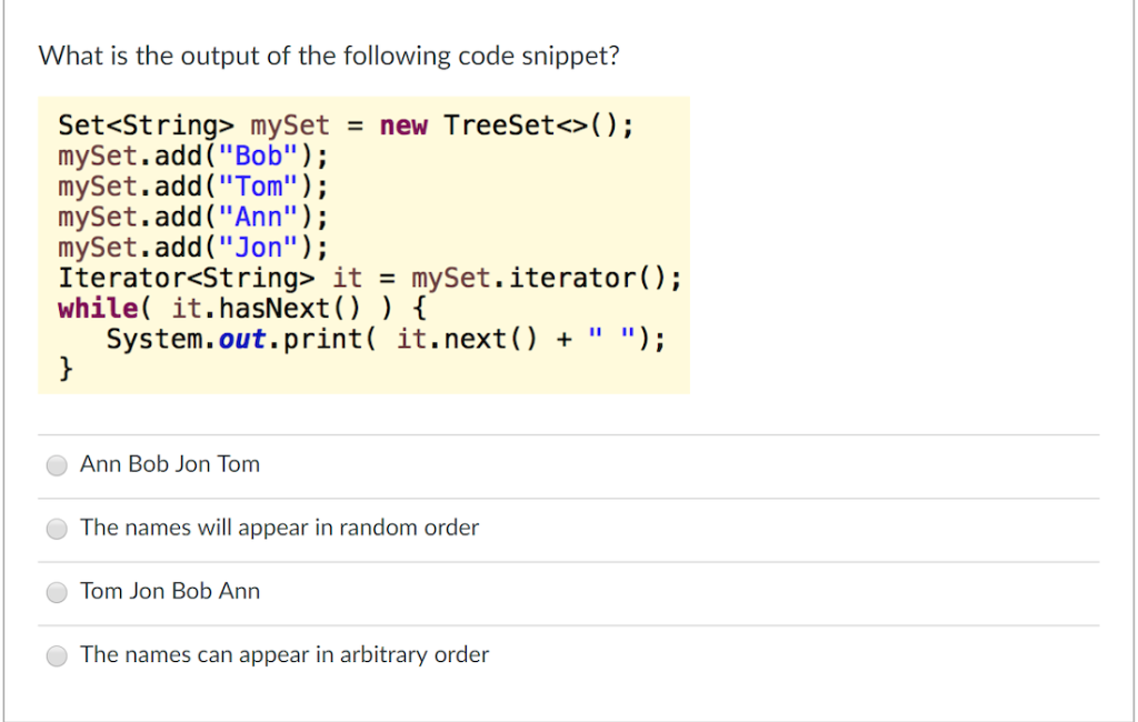 Solved What is the output of the following code snippet? Set | Chegg.com