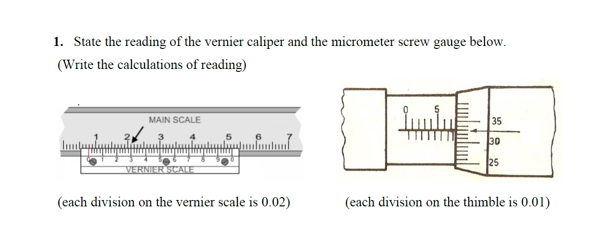 Solved 1. State the reading of the vernier caliper and the