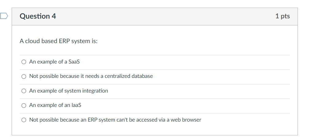 Solved Question 4 1 pts A cloud based ERP system is: O An | Chegg.com