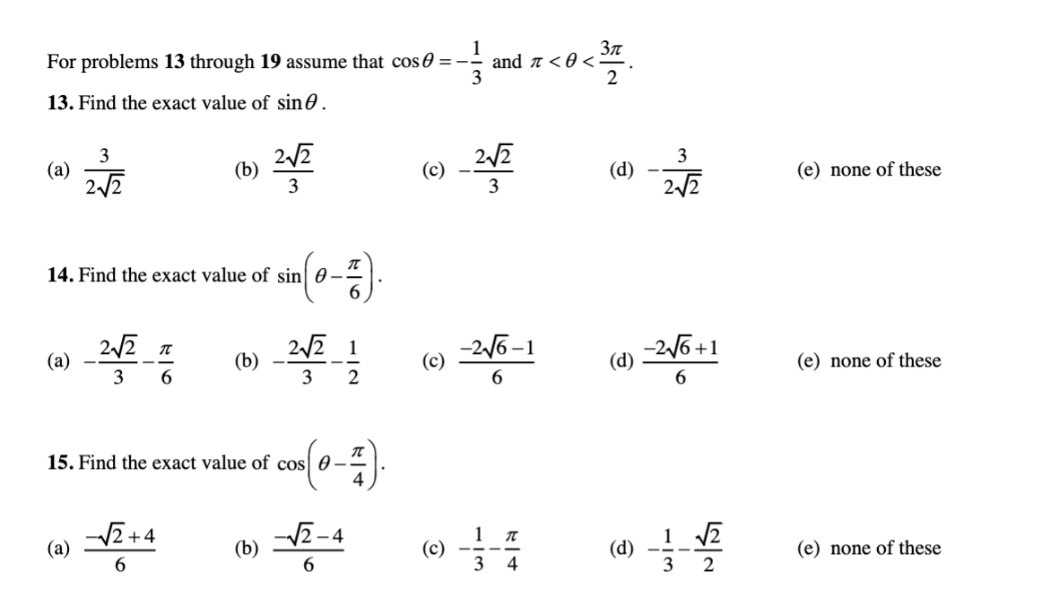 Solved For problems 13 through 19 assume that cosθ=−31 and | Chegg.com