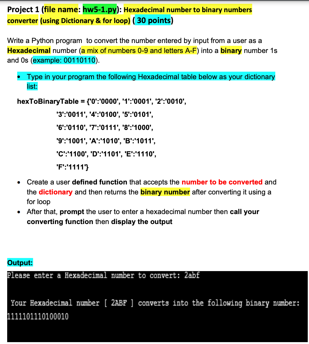 Solved Project 29 (file name: hw29-29.py): Hexadecimal number  Chegg.com