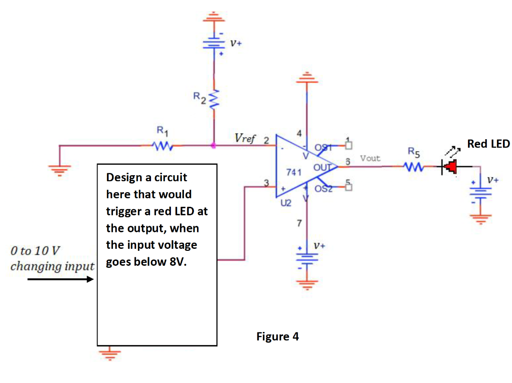 Solved V+ R23 4 R1 W Vref 2 1 Red LED R5 Vout 3 OUL ww 741 3 | Chegg.com