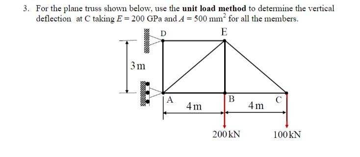 For the plane truss shown below, use the unit load method to determine the vertical deflection at \( \mathrm{C} \) taking \( 