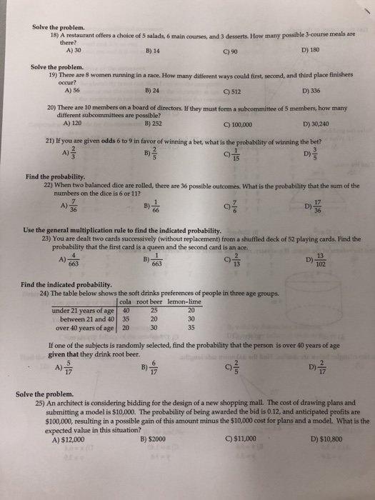 Solved Solve the problem. 18) A restaurant offers a choice