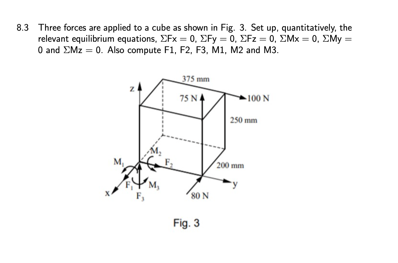 Solved 8.3 Three forces are applied to a cube as shown in | Chegg.com