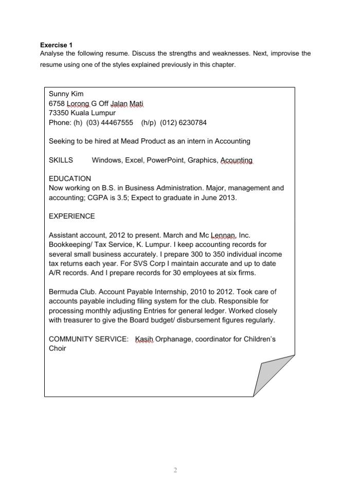 Solved Exercise 1 Analyse the following resume. Discuss the