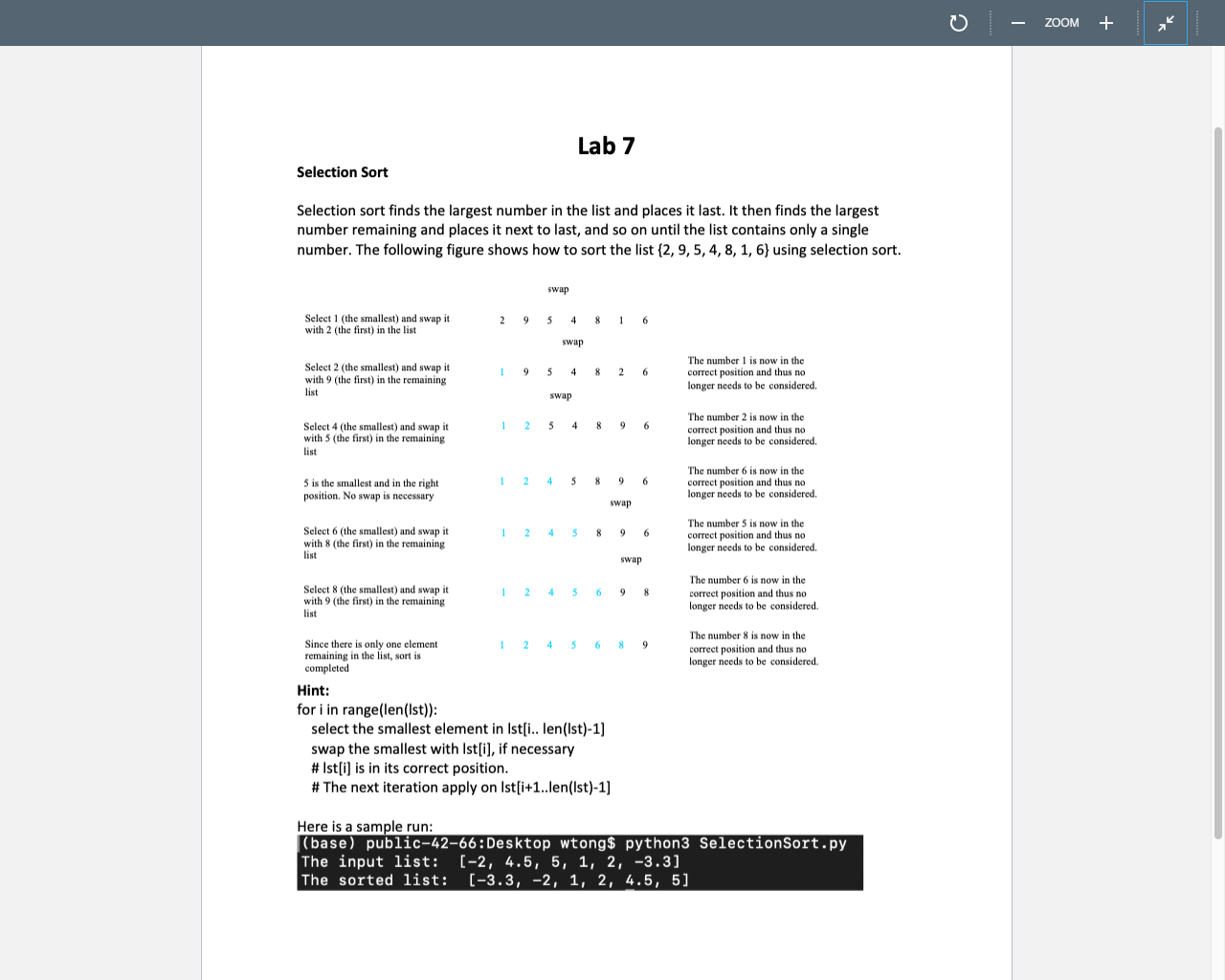 Solved ZOOM + Lab 7 Selection Sort Selection sort finds the | Chegg.com