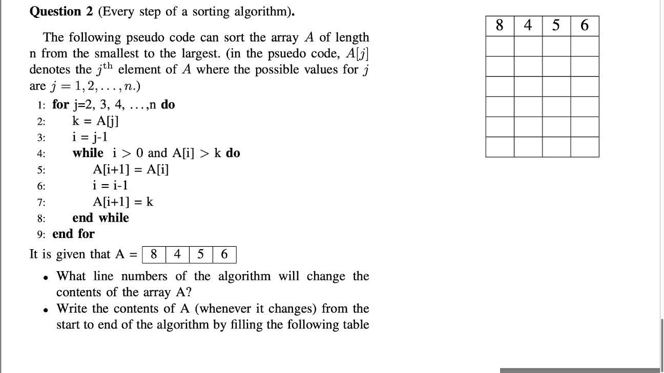 Solved 8 4 5 6 2: 3: 4: Question 2 (Every step of a sorting | Chegg.com