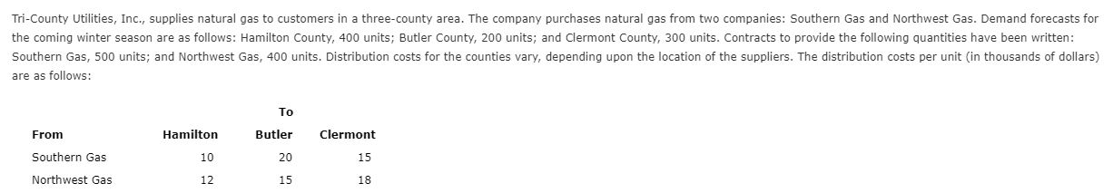 Tri-County Utilities, Inc., supplies natural gas to customers in a three-county area. The company purchases natural gas from