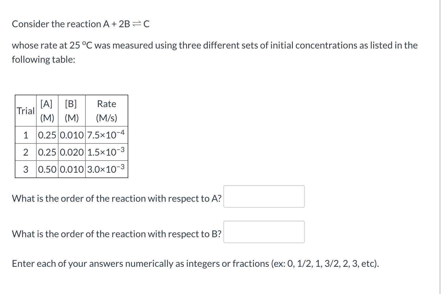 Solved Consider the reaction A + 2B = C whose rate at 25°C | Chegg.com