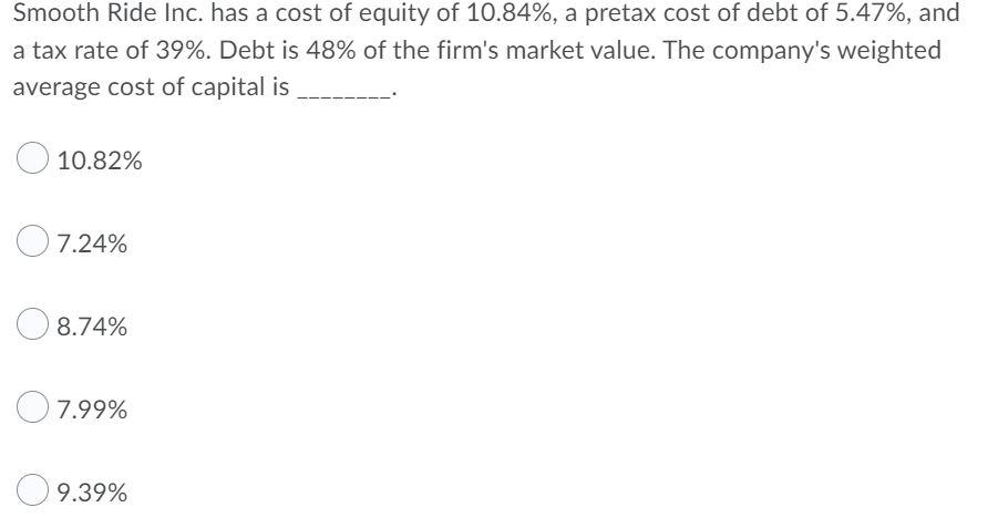 Solved Smooth Ride Inc. has a cost of equity of 10.84%, a | Chegg.com
