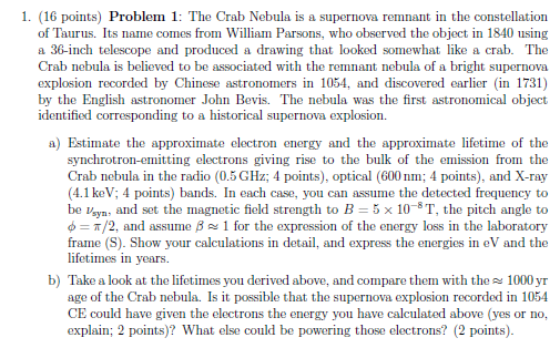 1. (16 points) Problem 1: The Crab Nebula is a | Chegg.com