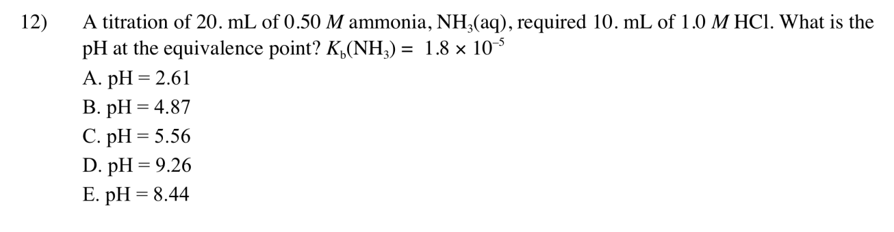 Solved 12 A Titration Of 20 ML Of 0 50 M Ammonia NH3 aq Chegg