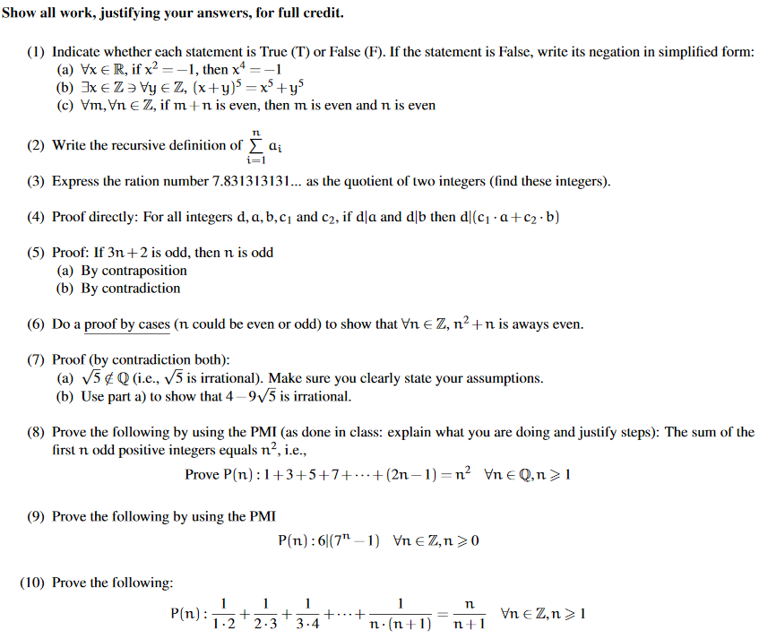 Solved Show All Work Justifying Your Answers For Full C Chegg Com